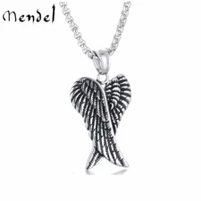 MENDEL Guardian Angel Wings Charm Pendant Necklace Stainless Steel Chain Set