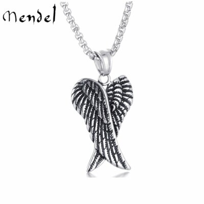 MENDEL Guardian Angel Wings Charm Pendant Necklace Stainless Steel Chain  Set