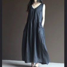 Women Midi Dress V-neck Sleeveless Loose Ethnic Retro Camisole Navy