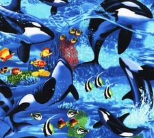 FAT QUARTER FABRIC  PLAYFUL ORCAS  ORCA  FREE WILLY  KILLER WHALE  OCEAN SEALIFE