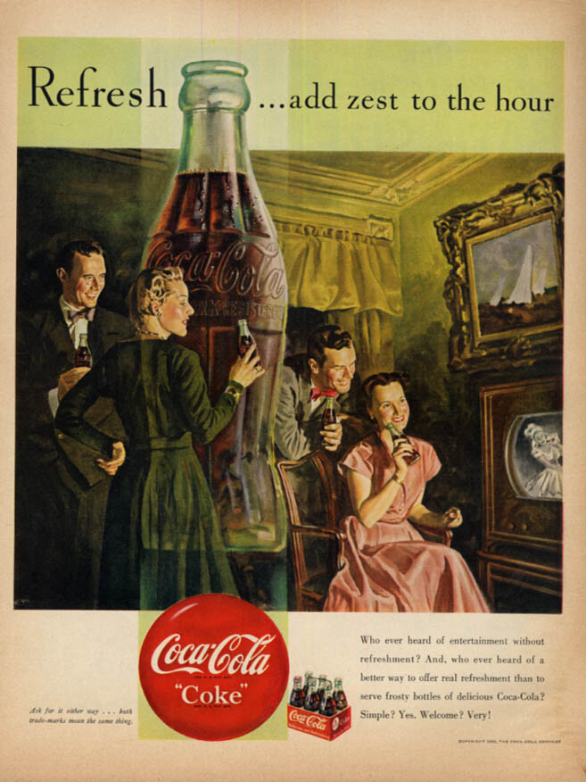 Refresh add zest to the hour Coca-Cola ad 1950 watching television