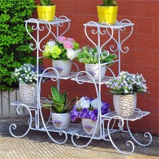 32" Tall Vintage Metal Plant Pot Stand Antique White Holder Display Shelf Indoor
