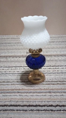Vtg 11.5" Milk/Cobalt Blue Glass Oil Lamp Hurricane Made in Hong Kong w/Wick