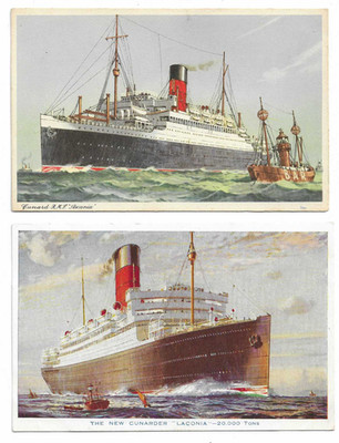 2 Künstler gezeichnete Postkarten von Cunard Schiffen ''Laconia'' und RMS ''Ascania''