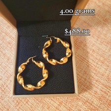 18K Saudi Gold Twisted Round Hoop Earrings Pa...