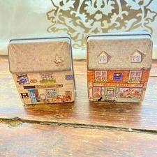 2 1988 Vintage Dana Kubick Hunkydory Metal Tins General Store Post Office Bakery