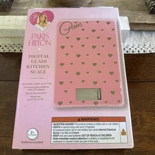 NIB Paris Hilton Digital Glass Kitchen Scale LCD Display Pink Gold Hearts RARE