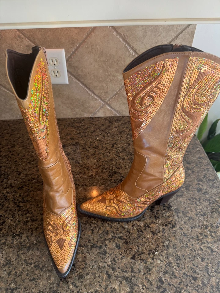 HelensHeart желтовато-коричневый / золото карнавальный ковбойские сапоги - размер 6 - носили только один раз - Изображение 2 из 3