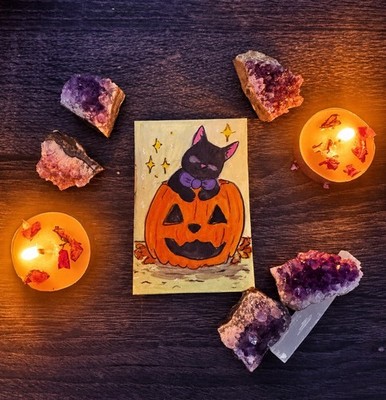 Original ACEO Schwarze Katze Kürbis Halloween Mini Gemälde