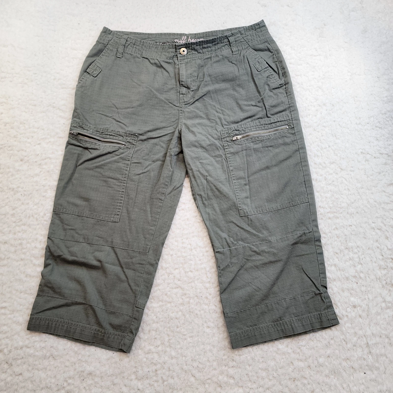 Ruff Hewn Cropped Capri Pants 12 Gray Green 100% Cotton Rip Stop Cargo Hiking