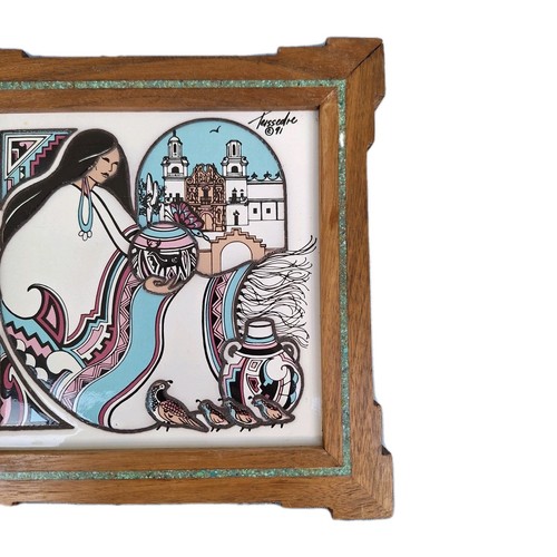 Cleo Teissedre Hand Painted Tile Signed Framed Native American Southwestern 1991 - Picture 6 of 9