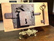 18th century large lock and working key - mounted for display