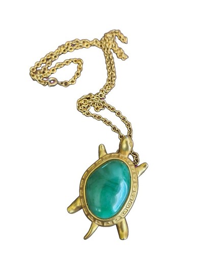 Avon Vintage Turtle Pin Pendant Necklace Brooch Faux Jade Green Gold Tone Signed
