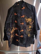Vintage Asian Black Kimono Gold Japanese Dragon Embroidered Jacket Pants Rare