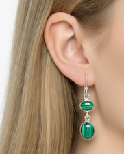 Green Malachite 925 Solid Sterling Silver Natural Two Gemstone Hook Earring