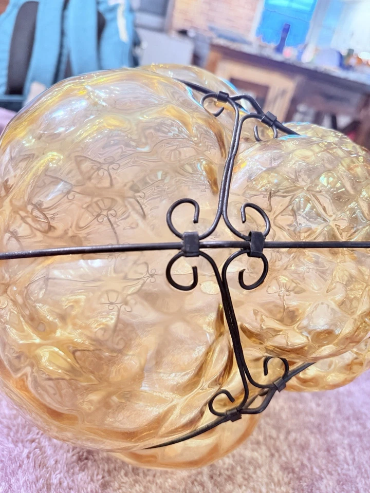 Seguso Murano Amber & Smokey Caged Glass Lantern Pair — Hand-Blown Italy - Image 2 of 4