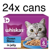 Image of 24 x 400g Whiskas 1+ Adult Wet Cat Food Tins Mixed Ocean Menu in Jelly