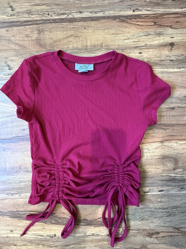 JUST POLLY NEW YORK Top Ruched Two Ties T-shirt Red Burgundy sz S polyester girl