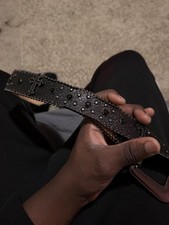 BB Simon Black Studded Western Gothic Men Belt with Cross Accent