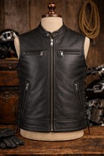 Men s Black Genuine Leather Motorcycle Biker Vest Sleeveless Riding Jacket wit