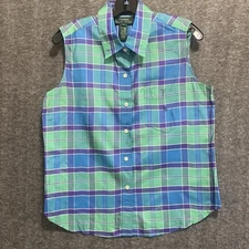 VTG Lauren Ralph Lauren Silk Top Womens 10 Blue Green Purple Button Shirt Preppy