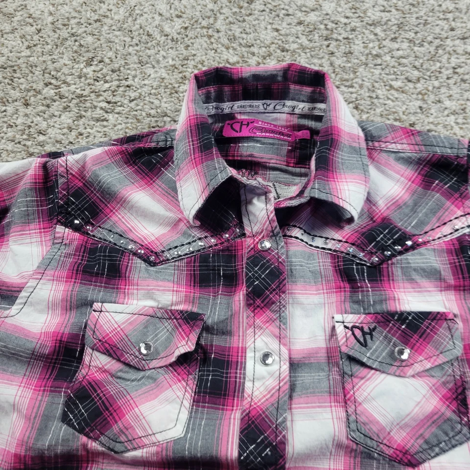 女牛仔五金珍珠 Snap 衬衫 女孩 大号 10/12 西部牧场 Rodeo 粉红色  — 第 3/4 张图片