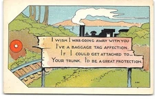 Travel-Train-Baggage Tag-Romantic-Arts and & Crafts Style-Color-Antique Postcard