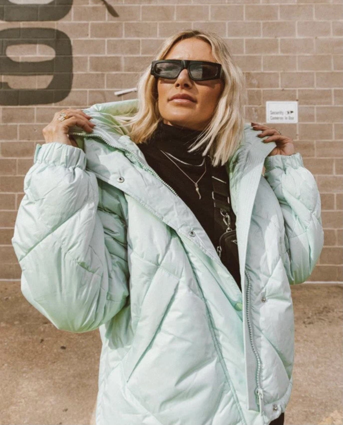 Free People Ella Longline Puffer Coat Jacket Oversize Double Breast Aqua XS NEW