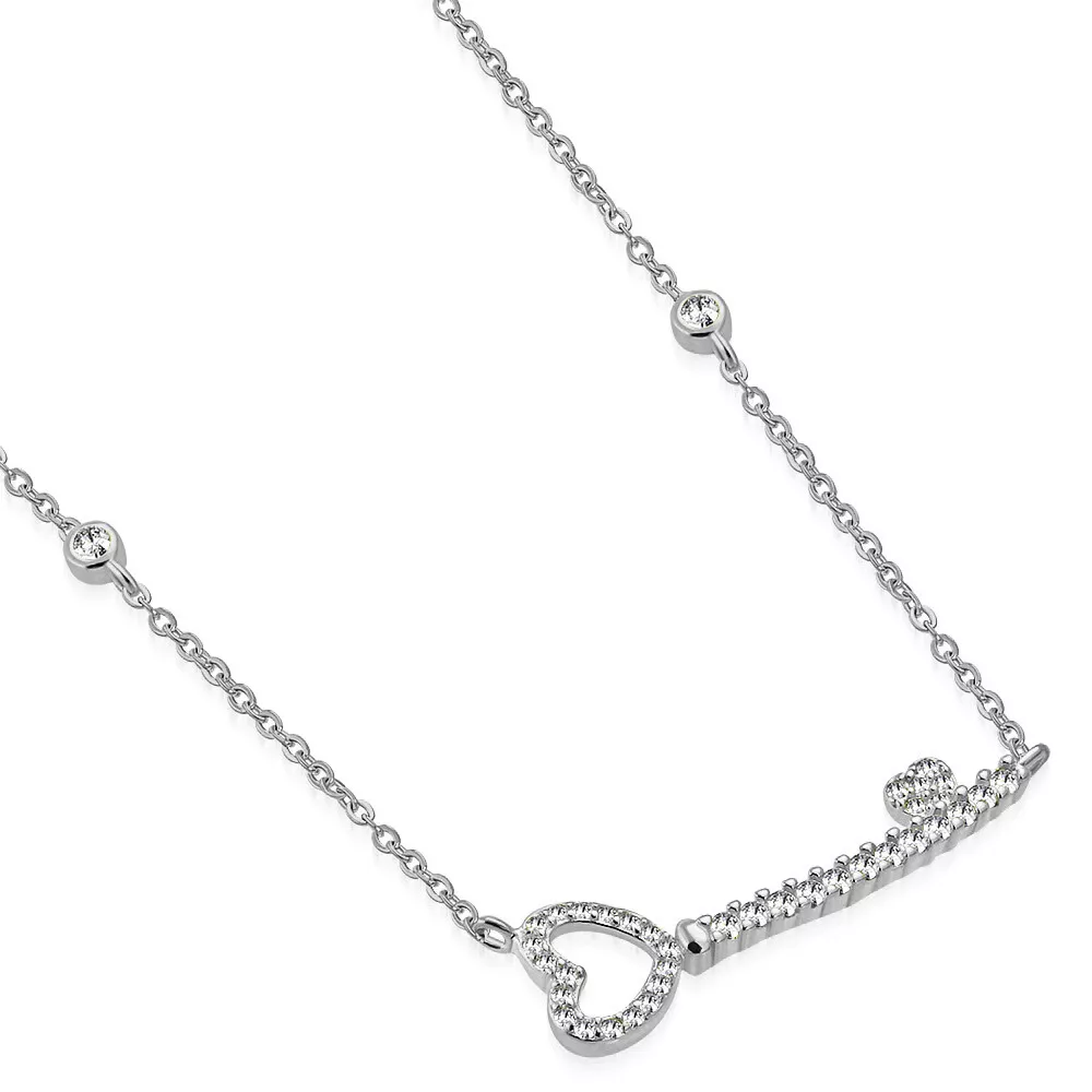 925 Sterling Silver Clear CZ Love Heart Sideways Key Pendant Necklace