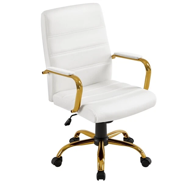 Mid Back Executive Office Chair PU Leather Swivel Chair w Gold