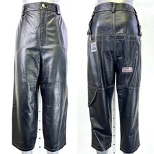 Women's Blue Genuine Lambskin Leather Black Harem Ankle Pants M-L Length 34''