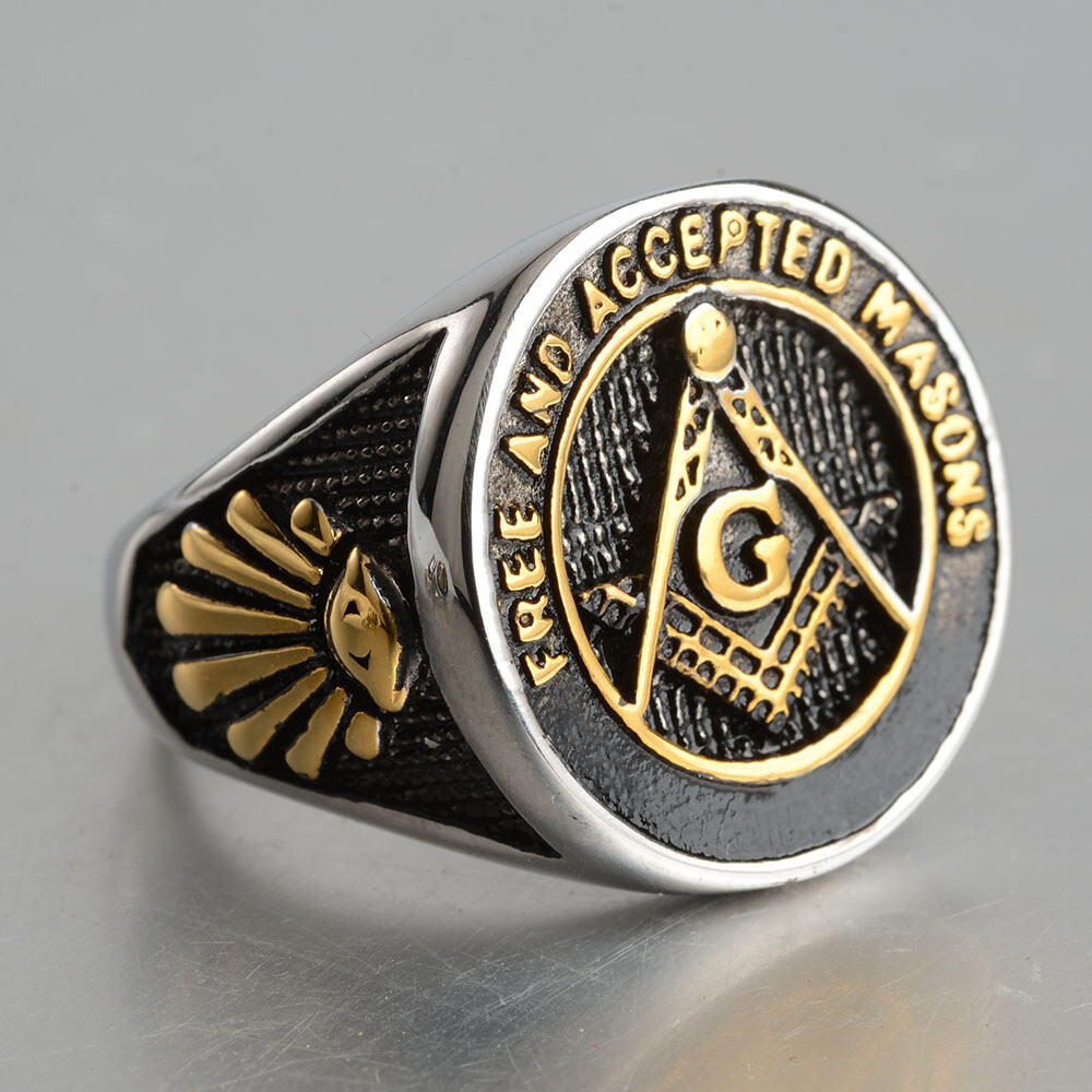 MOWEN Men's Black Plated Stainless Steel Masonic Ring - Vintage 3D Large G Master Mason Signet, Size 10