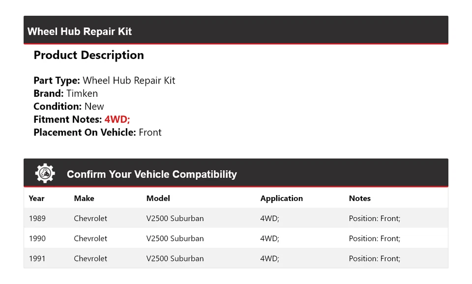 For 1989-1991 Chevrolet V2500 Suburban 4WD Wheel Hub Repair Kit Front Timken - Image 2 of 4