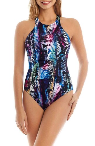Magicsuit Danika Hi Neck Strappy Back One Piece Swimsuit - size 10 - Blue Boa