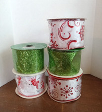 Christmas Wire Edged Ribbon 2 .5" X 60' Feet Polyester Nylon Wreath Lot Of 5
