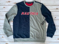 NAUTICA COLORBLOCKED CREW SWEATSHIRT SPLITFACE SPELLOUT NAVY GRAY MENS XL NEW