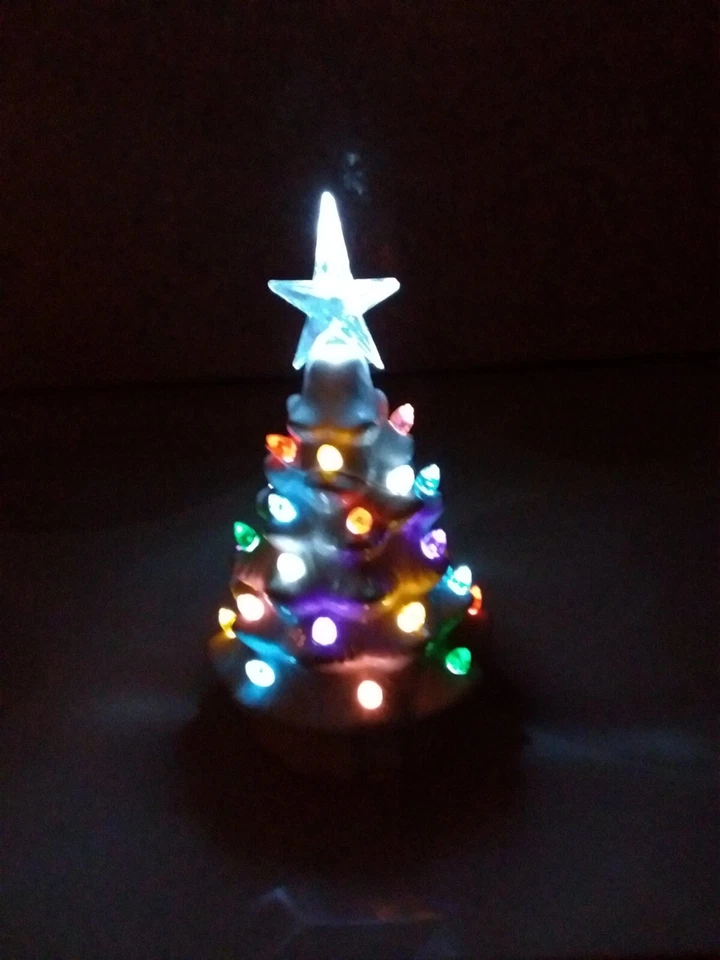 White Ceramic Multi-colored Light Up Christmas Tree with Star Topper 8" tall - Image 4 of 4