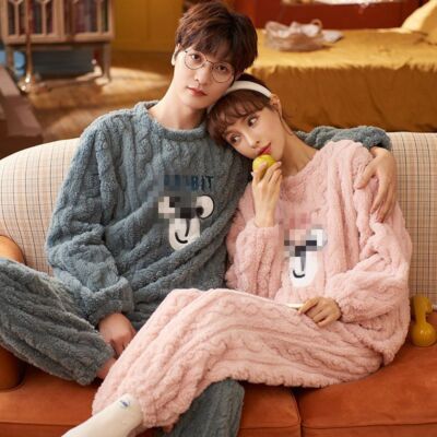 Womens Winter Thicken Couples Pyjamas Set Mens Sleepwear Warm Cartoon  Nightwear