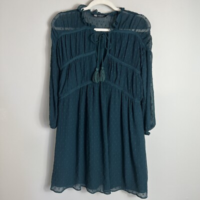 Zara Loose Fit Flowy Dress-Dark Green-Semi Sheer Sleeves-Size Small | eBay