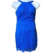 LULU'S halter style Love Poem Blue Lace Mini Dress - women's medium