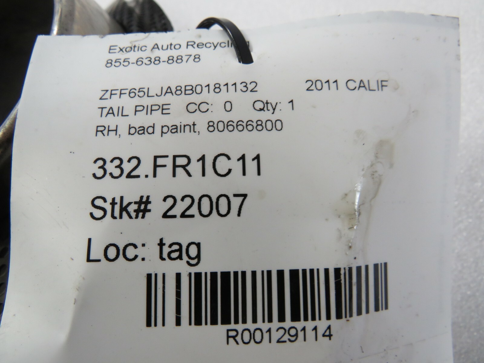 Ferrari California, RH, Right, Tail Pipe, Bad Paint, Used, P/N 80666800