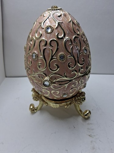 Vintage Enamel Pink Faberge Egg Music Box Butterfly Flowers Carousel Works Great