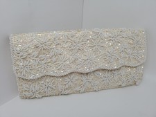 Vtg Sequin Beaded Silk Clutch Ivory Made in Hong Kong 9x4"