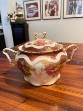 Vintage Three Crown German multi color  Lidded Gold Floral Handle Serving Bowl