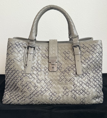 Authentic Bottega Veneta Gray Intrecciato Leather Large Roma Satchel Handbag 