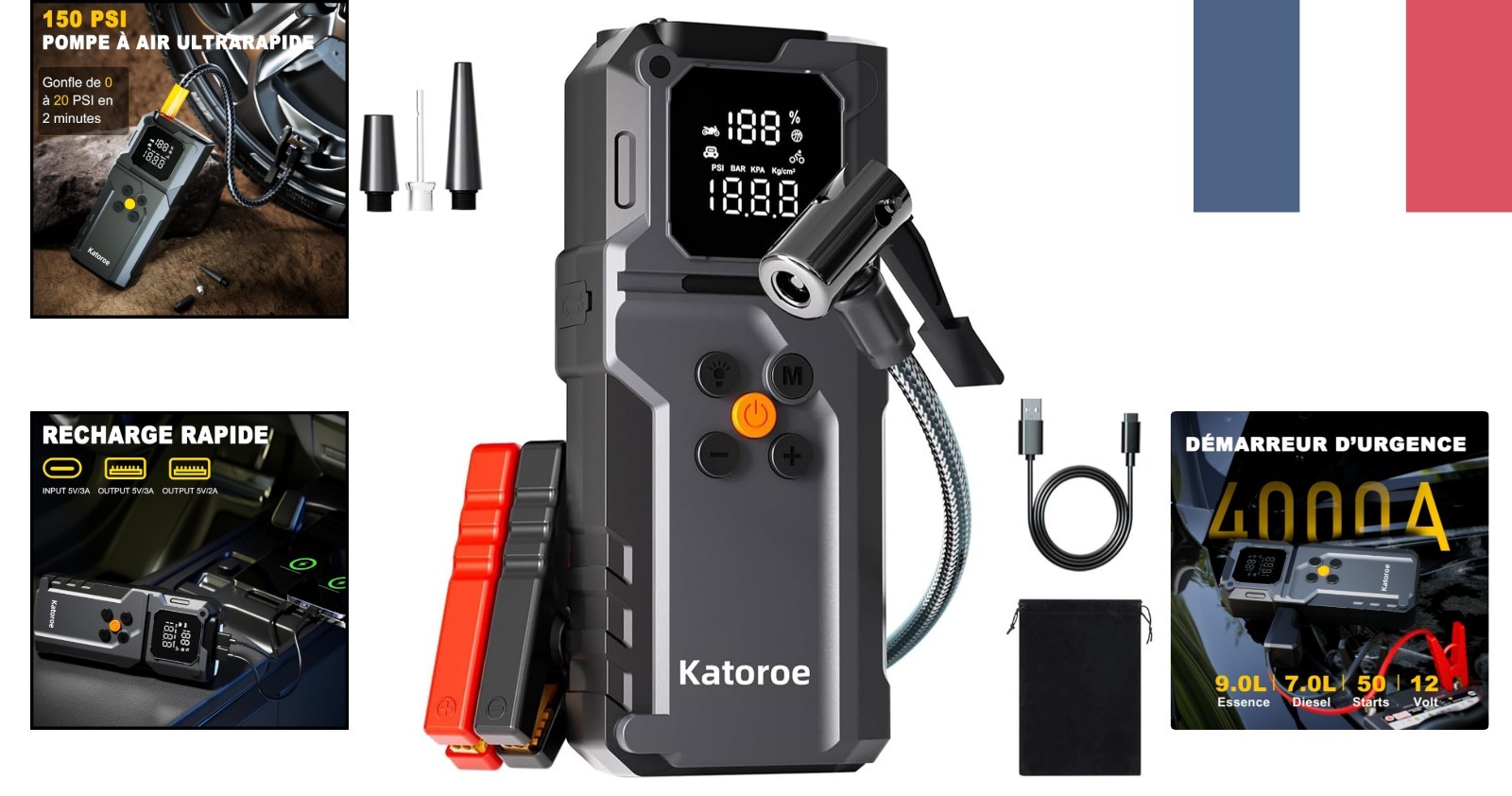 Démarreur portable 4000A avec compresseur d'air pour moteur essence 9L