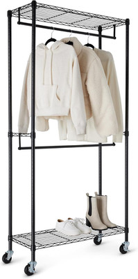 Adjustable Double Rod Rolling Garment Rack, Hanging Clothes Closet Organizer wit