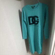 Dolce & Gabbana Turquoise Cotton Knit Long Sleeve T-Shirt Dress Logo Accent L