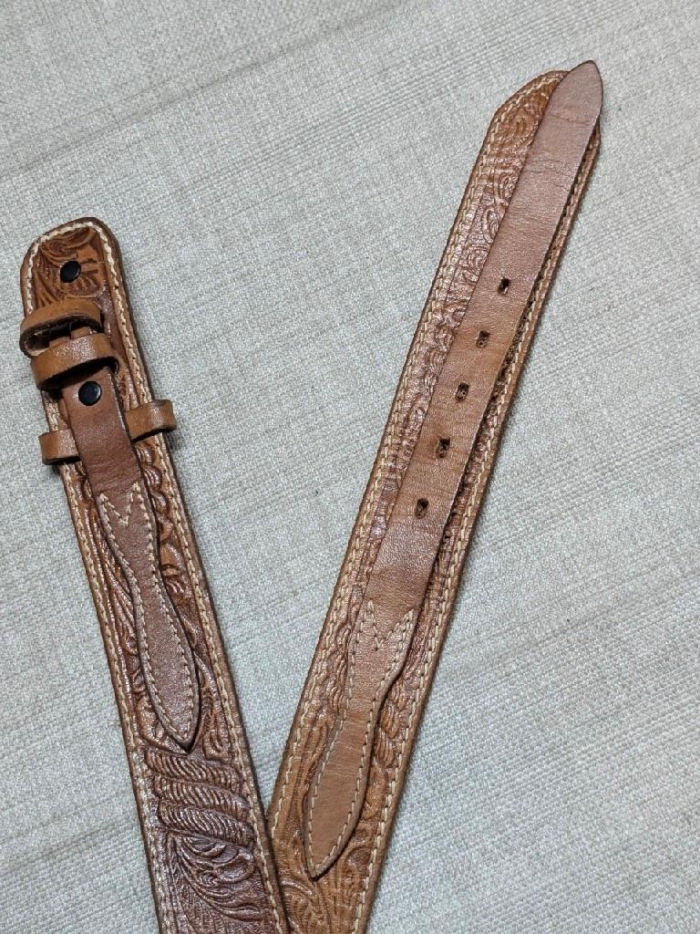 vintage USA made JUSTIN buckle belt 34 brown RANGER tooled WESTERN leather rodeo