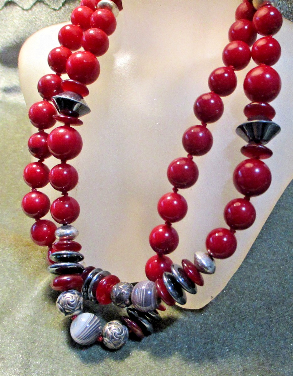 Dark Red Single Solid Strand Multi Beaded Necklace - image 3